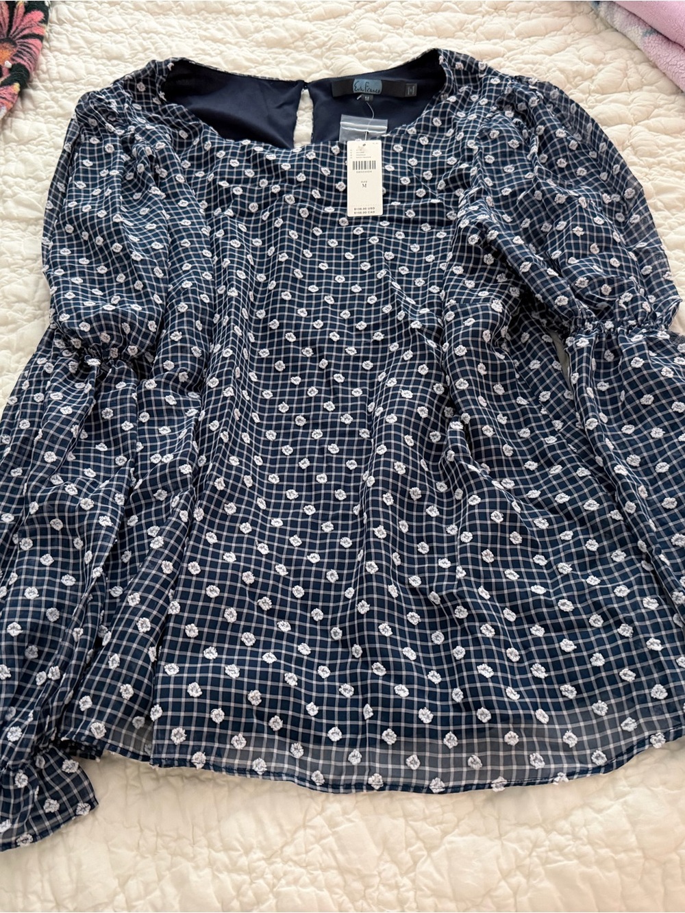 Navy Blue Floral Grid Long-Sleeve Blouse